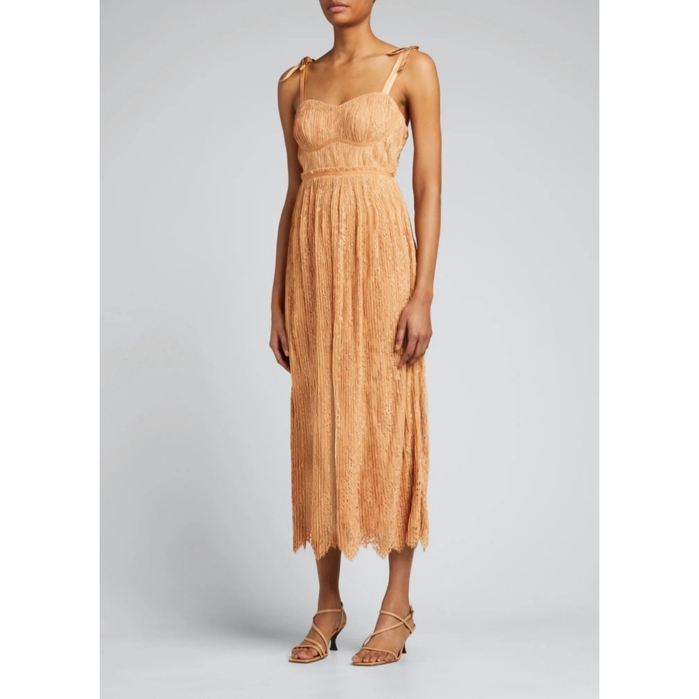 Jonathan Simkhai | Bonnie Silk Lace Plisse Bustier Midi Dress in Butterscotch